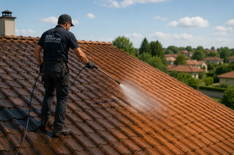 Couvreur appliquant un traitement hydrofuge au pulvérisateur sur une toiture