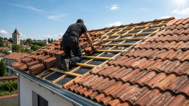 Couvreur posant de nouvelles tuiles lors d’une réfection de toiture