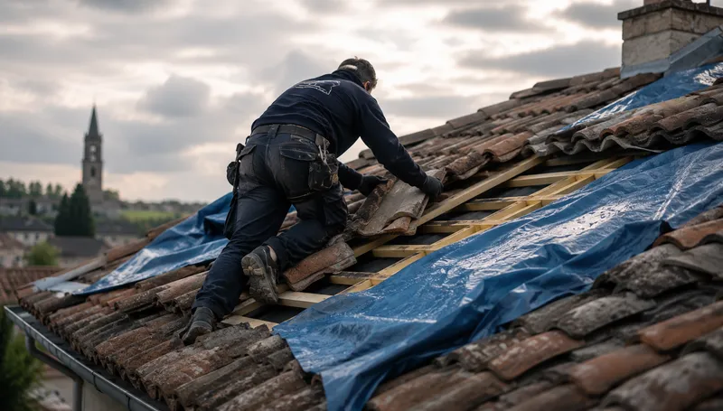 Couvreur posant une bâche de protection sur une toiture en tuiles