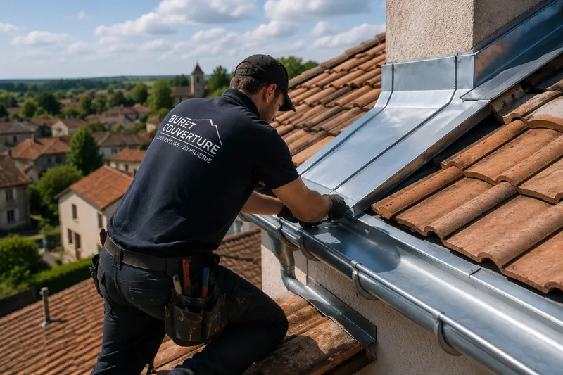Couvreur posant une gouttière et un habillage en zinc près d’une cheminée