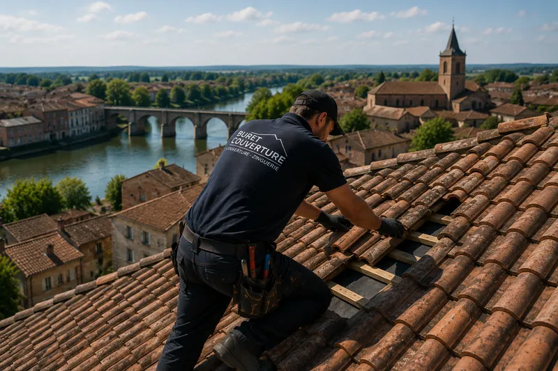 Couvreur sur une toiture à Moissac, avec la rivière et un pont en arrière-plan