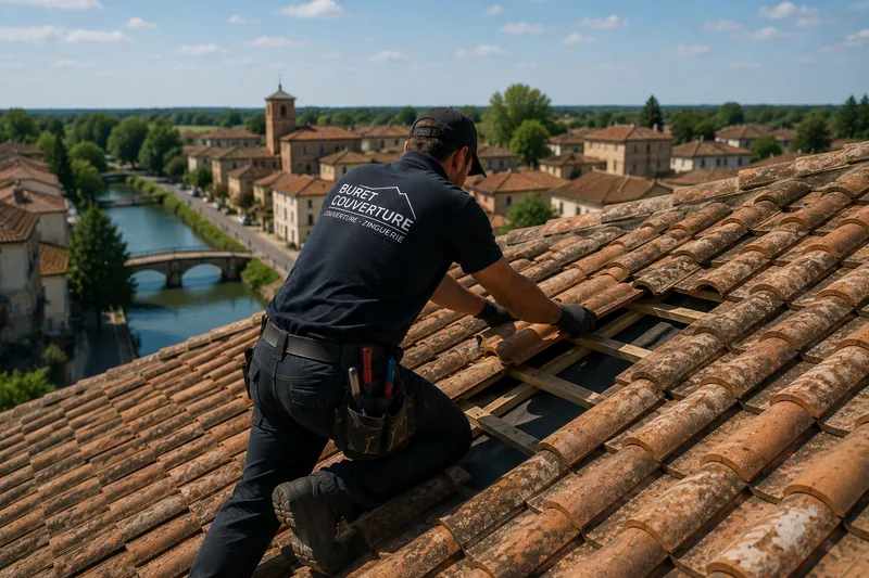 Couvreur sur une toiture à Montech, avec le canal en arrière-plan